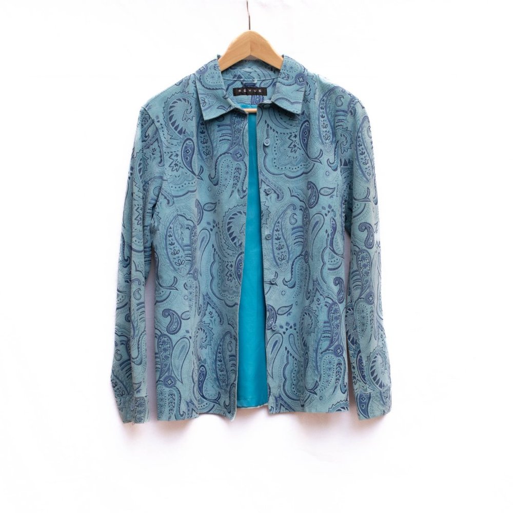 Revue Blue‎ Suede Leather Paisley Blazer Shirt Jacket M Boho Western Y2K